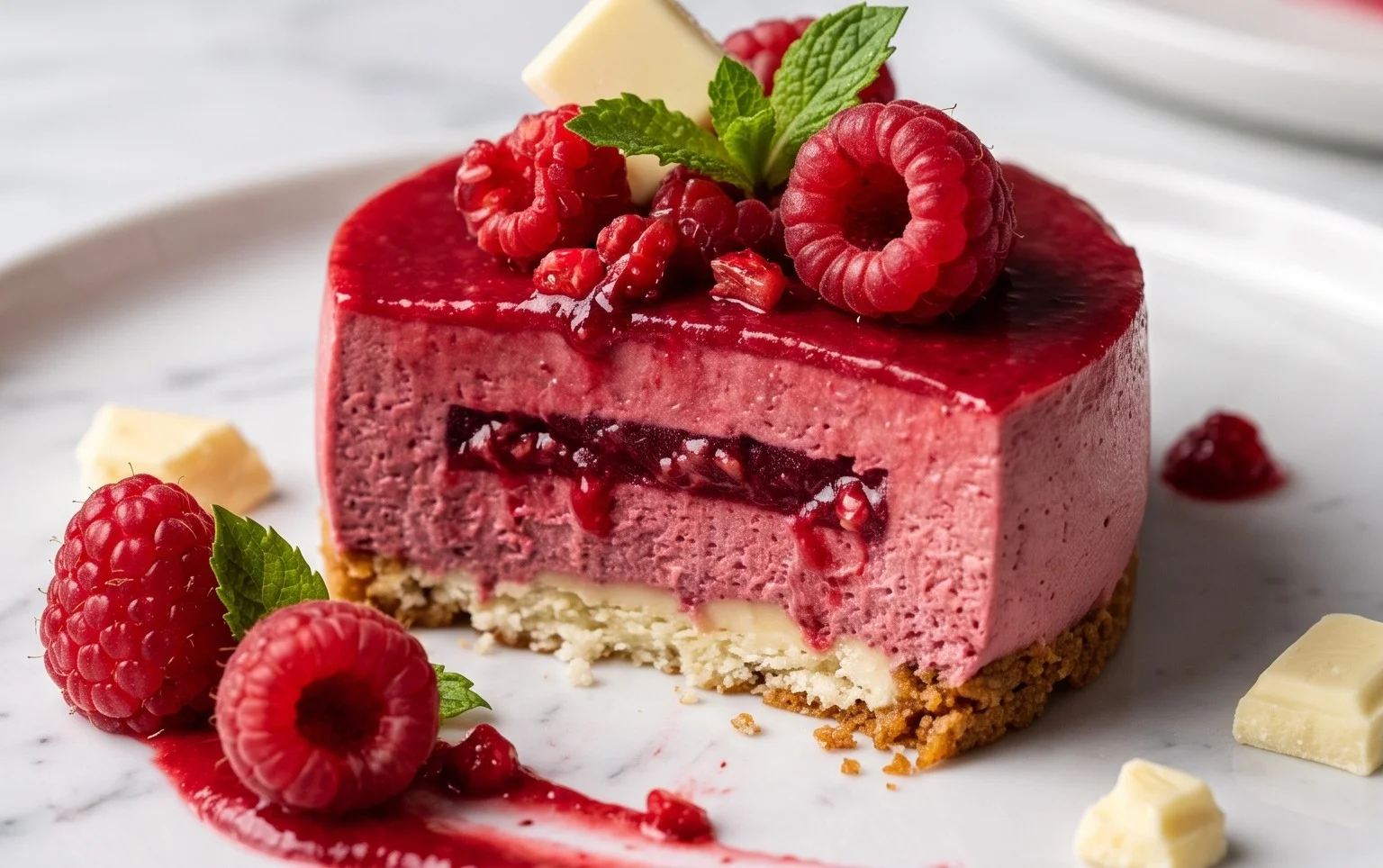 Bavarois Framboise, Croustillant Chocolat Blanc